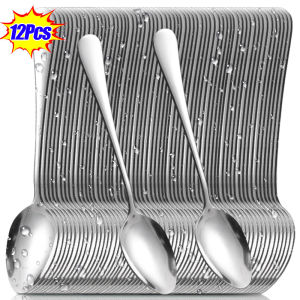 12Pcs 304 Stainless Steel Mirror Polished Spoons / Household Rice Spoon / Kitchen Useful Tableware / Restaurant Serving Spoon / Thicken Rice Soup Spoon