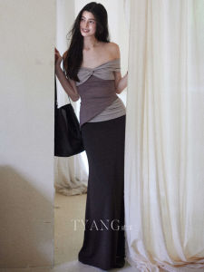 Áo Thun Tay Ngắn Cổ Chữ V Dáng Ôm Mùa Hè Cho Nữ Áo Thun Lụa Treo Cổ Tay Dài Váy Dài Màu Tương Phản Độc Đáo Thiết Kế Hai Con Cừu