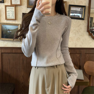Slim Fit round Neck Knitted Sweater Base Shirt Womens Fishbone Line Long Sleeve Inner Wear Top Simple Autumn Winter Fashion