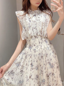 Elegant Sweet Floral Print Chiffon Dress Japanese Style Summer New Arrival Sleeveless A-Line Long Dress Gathered Waist Skirt