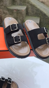 dép lê nữ hai quai ngang da lộn mềm êm đế bánh mì cao 3cm sandal phối khóa trống trơn