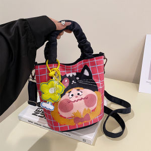 Quirky Illustration Bucket Bag Womens Crossbody Shoulder Bag Fashionable Print Cute Cartoon Anime Large Cotton Canvas Bag