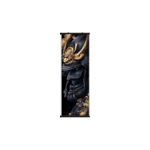 VIKAMA Obsidian Samurai Helmet Wall Tapestry Dragon Motif Gold Leaf Premium Scroll Art Home Decor Soft Durable Cozy Aesthetic