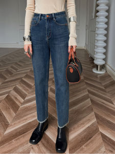 Cat World Real Look Straight Leg Universal Bullet Classic Water Blue High Waist Elastic Slim Fit Ankle-Length Frayed Hem Baguette Denim