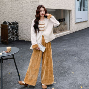 Retro Chinese Style High Waist Wide Leg Pants Set Womens Casual Suit with Buttoned Jacket And Pants Autumn Fashion Set