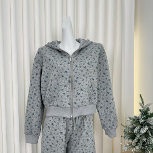 Yutu Floral Print Hooded Open Cardigan Sweatshirt Set Casual Womens Long Sleeve Zipper Closure Trousers Two-Piece Suit