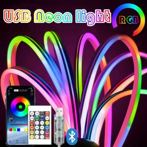 5V RGB Neon Strip Light 1M 2M 3M 5M USB Waterproof Flexible Ribbon Tape Neon Lights with Bluetooth Remote Control for Home Decor