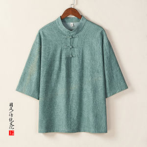 เสื้อยืดแขนสั้นผ้าลินินคอตตอนสไตล์จีนย้อนยุคสำหรับผู้ชาย ทรงหลวม ไซส์ใหญ่ ฤดูร้อน 2025 แบรนด์อื่นๆ