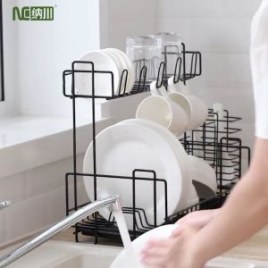 NACHUAN Double-layer kitchen cutlery storage rack Large capacity dish tray drain rack spoon Chopsticks storage rack cutlery rack drain rack