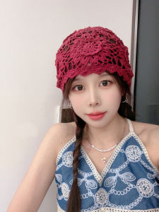 Spring Summer Handmade Knitted Hollow out Flower Cap Womens Versatile Travel Hat Face Slimming Sunshade Bucket Hat