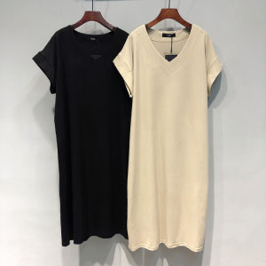 Pure Cotton V-Neck Long Dress Casual Style Loose Fit Big Size Womens Clothing Summer Short Sleeve Printed And Dyed