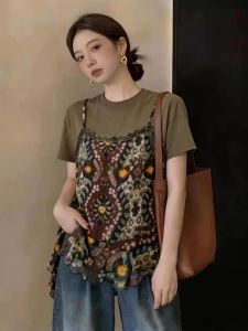Floral Print Sleeveless Slimming Two-Layered T-shirt