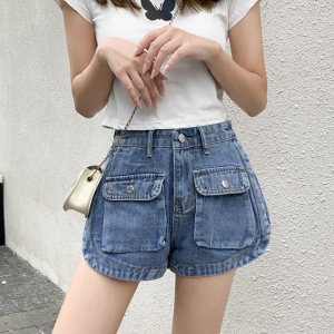 Spring Summer High Waist A-Line Denim Shorts Womens Loose Fit Pocket Design Trendy Wide Leg Hot Pants Casual Wear