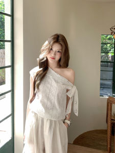 French Style Lace Hollow out Asymmetrical Design White T-Shirt Shoulder Baring Short Top for Women Summer Season Aviva on Earth Brand