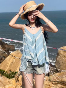 BINKAFENNY | Blue Lace Splice Strap Vest Women Summer Outdoor Casual Loose Fit Striped Pattern V-Neck Beach Vacation Style Top Blouse