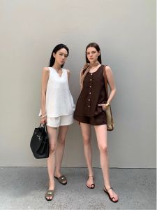 ZhouMiao Family Matching Linen Set Womens Sleeveless Top And Shorts Reversible Fashionable Summer Outfit Two-Piece Ensemble