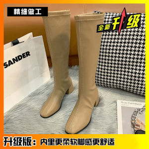 Anqi Duo รองเท้าบูทส้นสูงหัวเหลี่ยมสไตล์นักบุญฤดูใบไม้ร่วงและฤดูหนาวสำหรับผู้หญิง รองเท้าบูทส้นสูงแบบยาวถึงเข่า รองเท้าบูททรงสากลแบบสวม