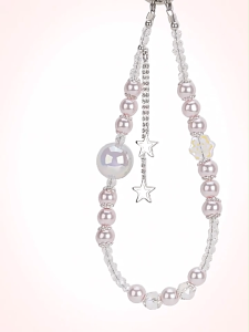BasicSpark Pink Bead Star Glitter Crystal Glass Phone Charm Women Bag Pearl Short Rope Pendant Gantungan Telefon Beg Mobile Phone Decoration Accessories Phone Chain