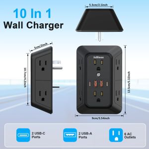 US Plug Power Strip Multitap 6 AC Outlets 2 USB 2 Type C Port Charge Electrical Socket Network Filter Fast Charging Home Office