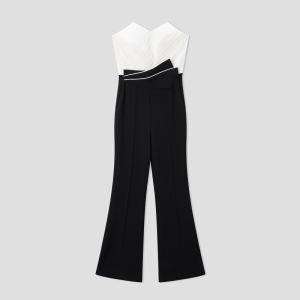 Autumn Winter Women Pleated Patchwork Waist Corset Jumpsuit