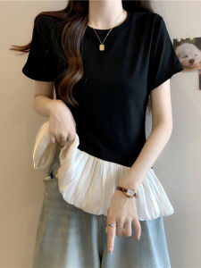 plus Size T-Shirt Womens Summer Short Sleeve Chiffon Patchwork Uneven Hemline Princess Style Sweet Loose Fit Regular Length