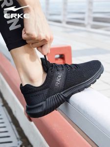 รองเท้ากีฬาผู้ชาย ERKE ฤดูใบไม้ร่วง/ฤดูหนาว รองเท้าเดินทางแบบลำลองระบายอากาศได้ดี สีดำเต็มตัว รองเท้าสปอร์ตผ้าตาข่าย