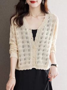 Sling Dress Top Ice Silk Knitted Cardigan Womens Cut Out Outerwear Office Cardigans Thin Shawl Small Coat Sun Protection Clothing