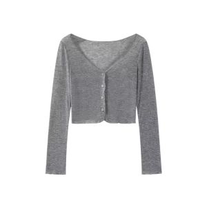 YUEZHONGWEI | Gray Short Ice Silk Sun Protection Cardigan Women Summer Thin Air Conditioning Top Outerwear With Strap Vest Thermal Wear