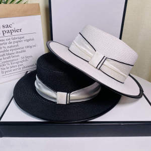 French Style Straw Hat Women Summer Silk Ribbon Leather Edge Flat Top Sun Hat Beach Outing Wide Brim Hat Elegant Style