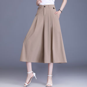 High-Waist Slimming Casual Green Ice Silk Wide-Leg Pants for Women Summer Lightweight Capri Trousers with Pocket