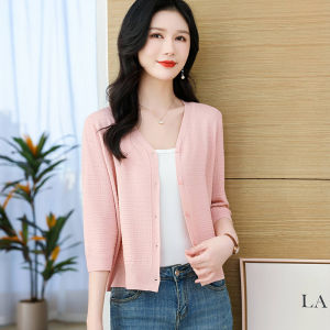 Short Thin Ice Silk Knitted Open Cardigan Women Summer Top for Skirts Low round Neck Korean Style Regular Sleeve Length Cardigans