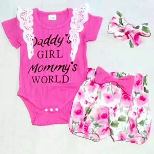 SETELAN BAYI PEREMPUAN 3IN1 FLORAL JUMPER SHORT PANT HEADBAND