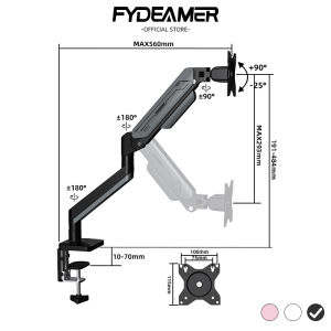 FYDEAMER S12A Gas Spring Monitor Arm Heavy Duty Single Arm - Full Motion fits 17-38" Screens up to 12kg - C-Clamp/Grommet Mount - for Home Office Gaming Desk ET12K-S1
