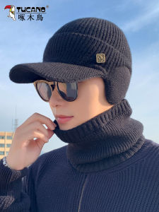 Thickened Fleece Knitted Winter Hat for Men Cycling Warm Cold Proof Scarf Set Outdoor Leisure Hat with Ear Protection