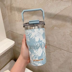 Creative Straw Insulated Water Bottle Large Capacity Cold Drink Cup Womens Birthday Gift Double Sided Southeast Asian Style Universal Use