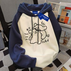 Cute Dog Line American High Street Trend Hoodie Womens Autumn Winter Fleece Splicing Loose Commuting Top Streetwear