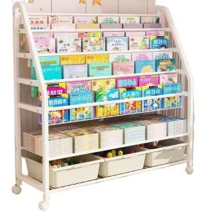 Childrens Mobile Bookshelf Multi-Layer Magazine Storage Rack Reading Stand Floor-Mounted Bookcase Organization Rack