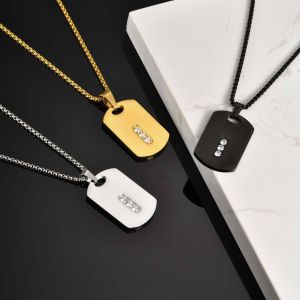 Kemstone Stainless Steel Zircon Inlaid Dog Tag Geometric Pendant Mens Fashion Necklace