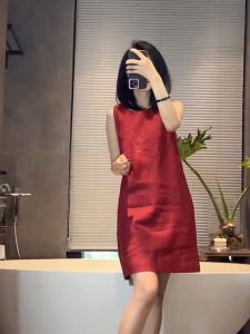 YUFUQING | Wine Red Sleeveless Linen Dress Loose and Slimming