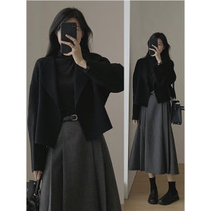 High Waist Woolen Suit Set for Women Hepburn Style Base Black Shirt Mini Skirt Three Piece Set Autumn Fashion Ensemble