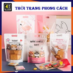 SET 10 Túi Zip Đựng Bánh Kẹo Thực Phẩm In Hình Dễ Thương Có Quai Xách - Túi Đựng Bánh  Mứt  Kẹo Nougat Cao Cấp Tiện Lợi