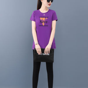 Pure Cotton Short Sleeve T-Shirt Womens Mid-Length Summer New Style Mom Body Shirt round Neck Top Small Size T Korean Style Commute