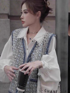 Elegant French Style Chic -style Womens Shirt Vest Set