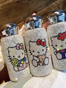 Car-Mounted Insulated Water Bottle Womens Portable Straight Body Cup Sparkling Diamond Embedded Stainless Steel Drinkware