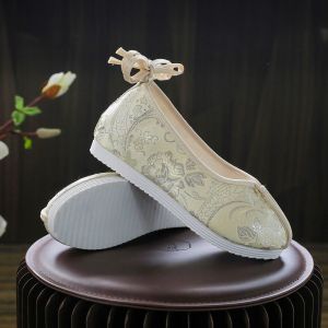 Elevated Chinese Traditional Hanfu Dance Shoes Womens Ming Dynasty Style Embroidered Folklore Footwear Cotton Lined Slip-On