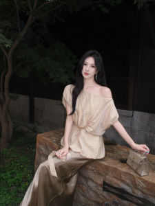 Silk Tie Knot Summer Shirt with One-shoulder and Waist Cinching