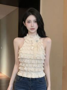 GUZILIAN | Chic Embellished Lace Halterneck Vest Top Short