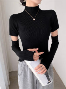 เสื้อถักคอสูงสำหรับผู้หญิง ฤดูใบไม้ร่วง/ฤดูหนาว เสื้อเชิ้ตแขนยาวแบบมีซิปที่แขนแบบแยกส่วน ทรงสลิมฟิต เสื้อผ้าทำงานสไตล์เกาหลี