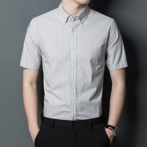 ROMON | Lormen Mens Short Sleeve Shirt Summer Thin Stripe Iron Free Business Casual Slim Fit Workwear Ice Silk Shirt Casual Style