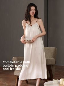 MiiOW | MiiOW Ice Silk Strap Sleepwear Womens Thin Smooth Breathable Summer Home Clothes Luxury Sensation Round Neck Pullover Dress